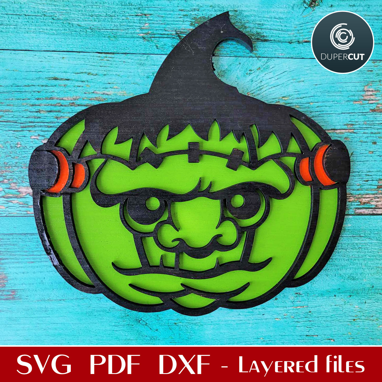 Frankenstein face pumpkin Halloween decoration - SVG DXF layered laser cutting files for Cricut, Glowforge, X-tool, CNC plasma machines by DuperCut