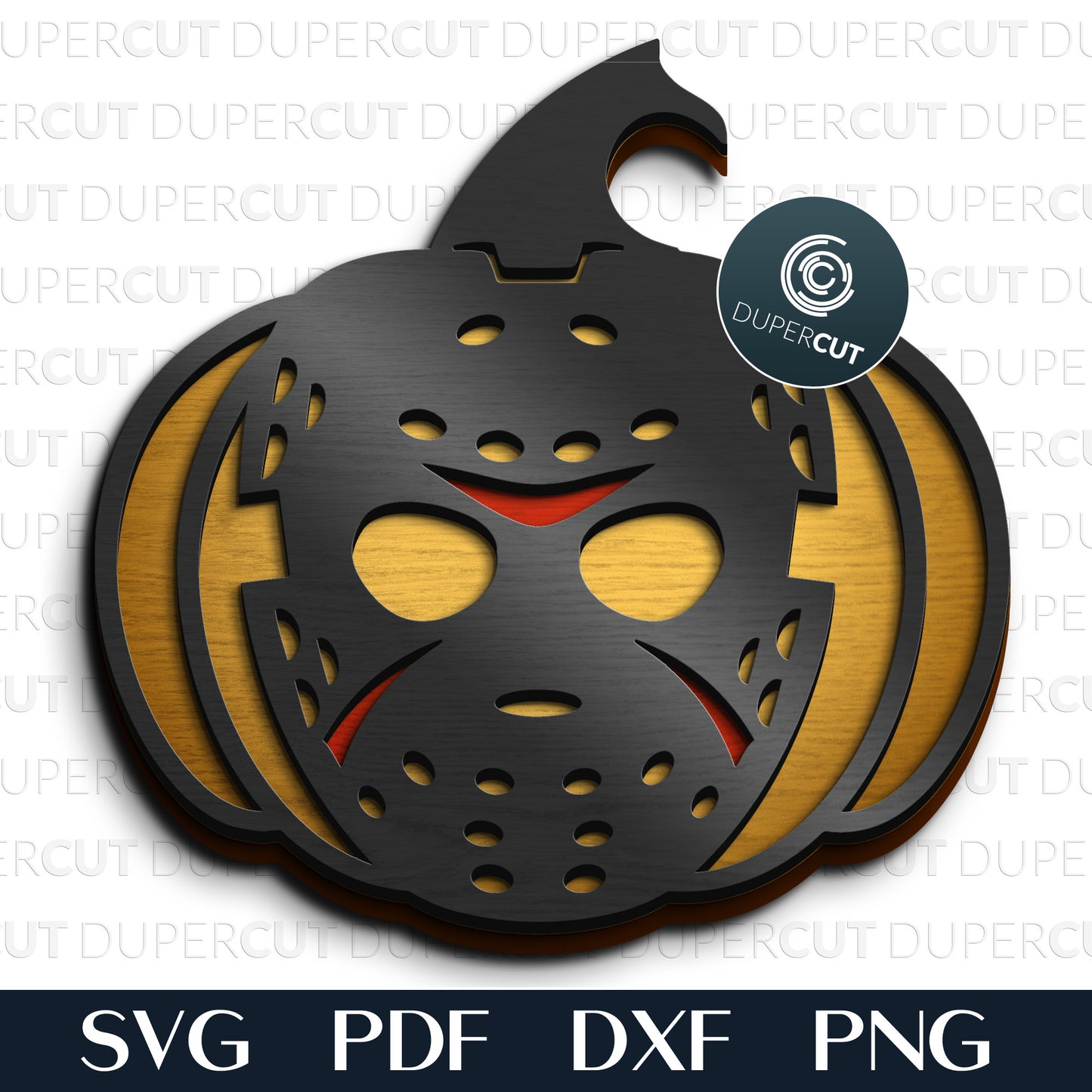 Cute Halloween pumpkin in mask Jason, layered SVG DXF vector patterns for laser cutting with Glowforge, Xtool, Cricut, CNC plasma machines by www.DuperCut.com