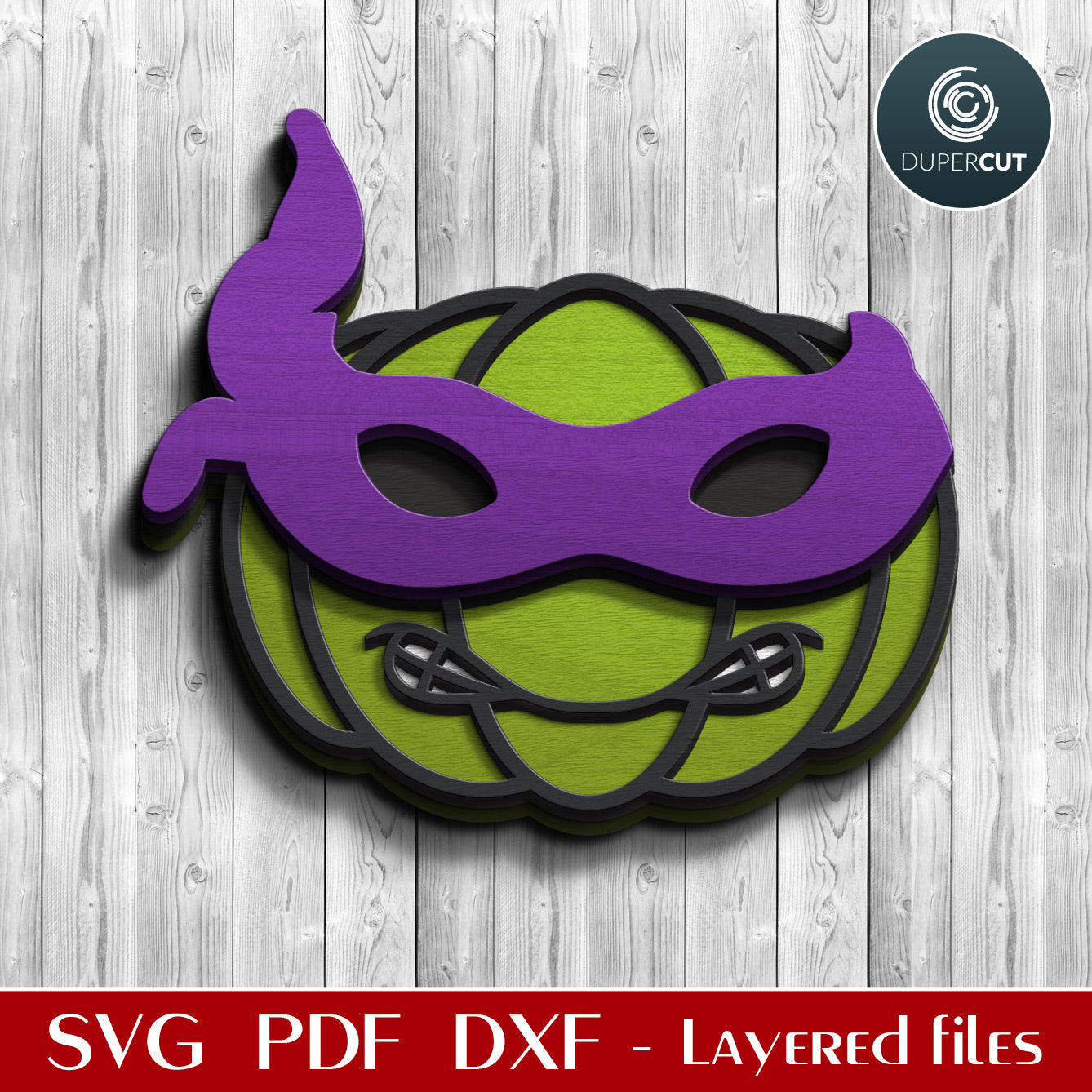 Ninja turtle Donatello pumpkin character - cute Halloween decoration door hanger - SVG DXF vector files for laser cutting machines, scroll saw pattern, Glowforge, xtool, cricut, CNC plasma machines by www.DuperCut.com