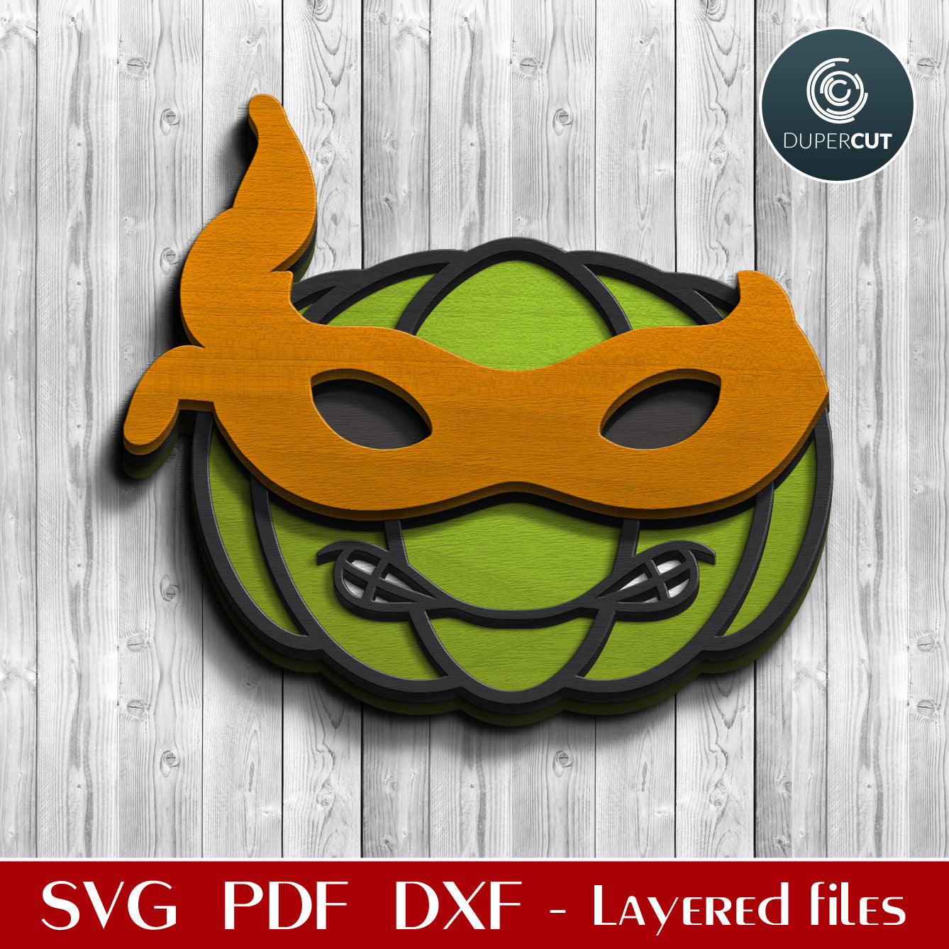 Ninja turtle Michaelangelo pumpkin character - cute Halloween decoration door hanger - SVG DXF vector files for laser cutting machines, scroll saw pattern, Glowforge, xtool, cricut, CNC plasma machines by www.DuperCut.com