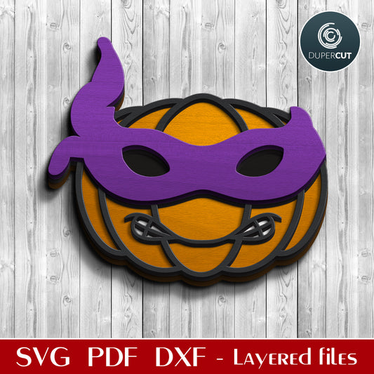 Ninja turtle pumpkin character - cute Halloween decoration door hanger - SVG DXF vector files for laser cutting machines, scroll saw pattern, Glowforge, xtool, cricut, CNC plasma machines by www.DuperCut.com