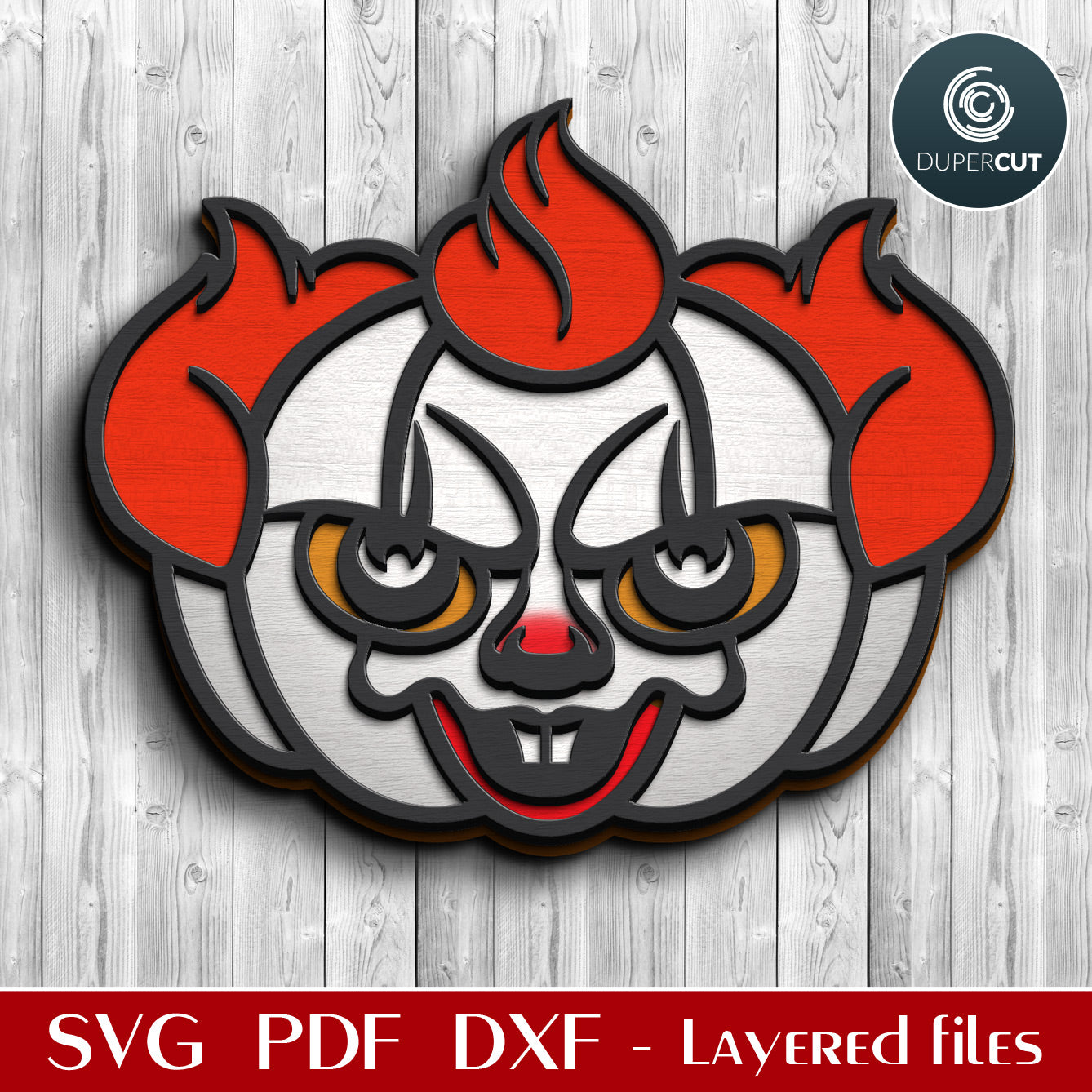 Pumpkin Pennywise Halloween decoration - SVG DXF vector layered files for laser Glowforge, Cricut, X-tool, CNC plasma machines by www.DuperCut.com