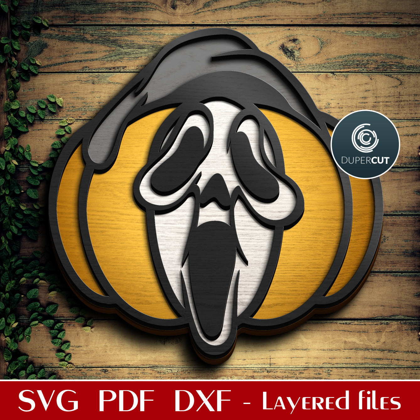 Cute Halloween pumpkin mask screem, layered SVG DXF vector patterns for laser cutting with Glowforge, Xtool, Cricut, CNC plasma machines by www.DuperCut.com