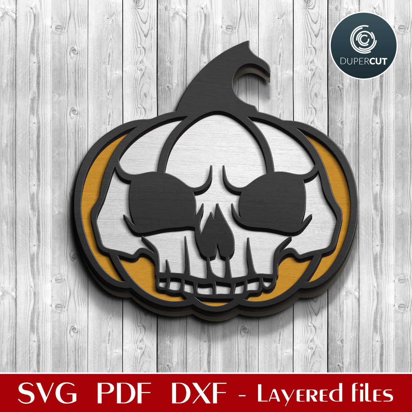 Skull evil pumpkin character - cute Halloween decoration door hanger - SVG DXF vector files for laser cutting machines, scroll saw pattern, Glowforge, xtool, cricut, CNC plasma machines by www.DuperCut.com