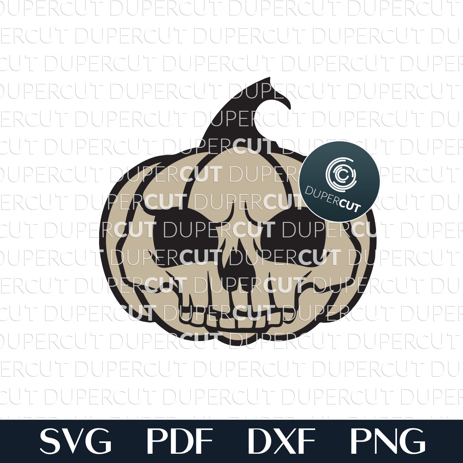 Skull evil pumpkin character - cute Halloween decoration door hanger - SVG DXF vector files for laser cutting machines, scroll saw pattern, Glowforge, xtool, cricut, CNC plasma machines by www.DuperCut.com