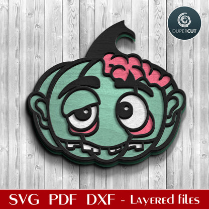 Zombie pumpkin character - cute Halloween decoration door hanger - SVG DXF vector files for laser cutting machines, scroll saw pattern, Glowforge, xtool, cricut, CNC plasma machines by www.DuperCut.com