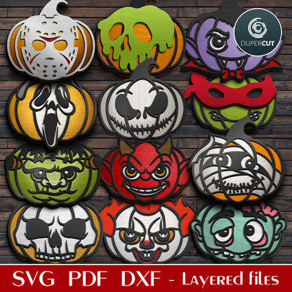 Cute Halloween pumpkin characters bundle, layered SVG DXF vector patterns for laser cutting with Glowforge, Xtool, Cricut, CNC plasma machines by www.DuperCut.com