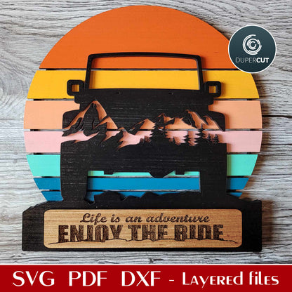 Vintage sunset SUV with mountains sign - layered files for laser cutting, printing, sublimation. Use with Glowforge, Cricut, Silhouette Cameo, CNC machines