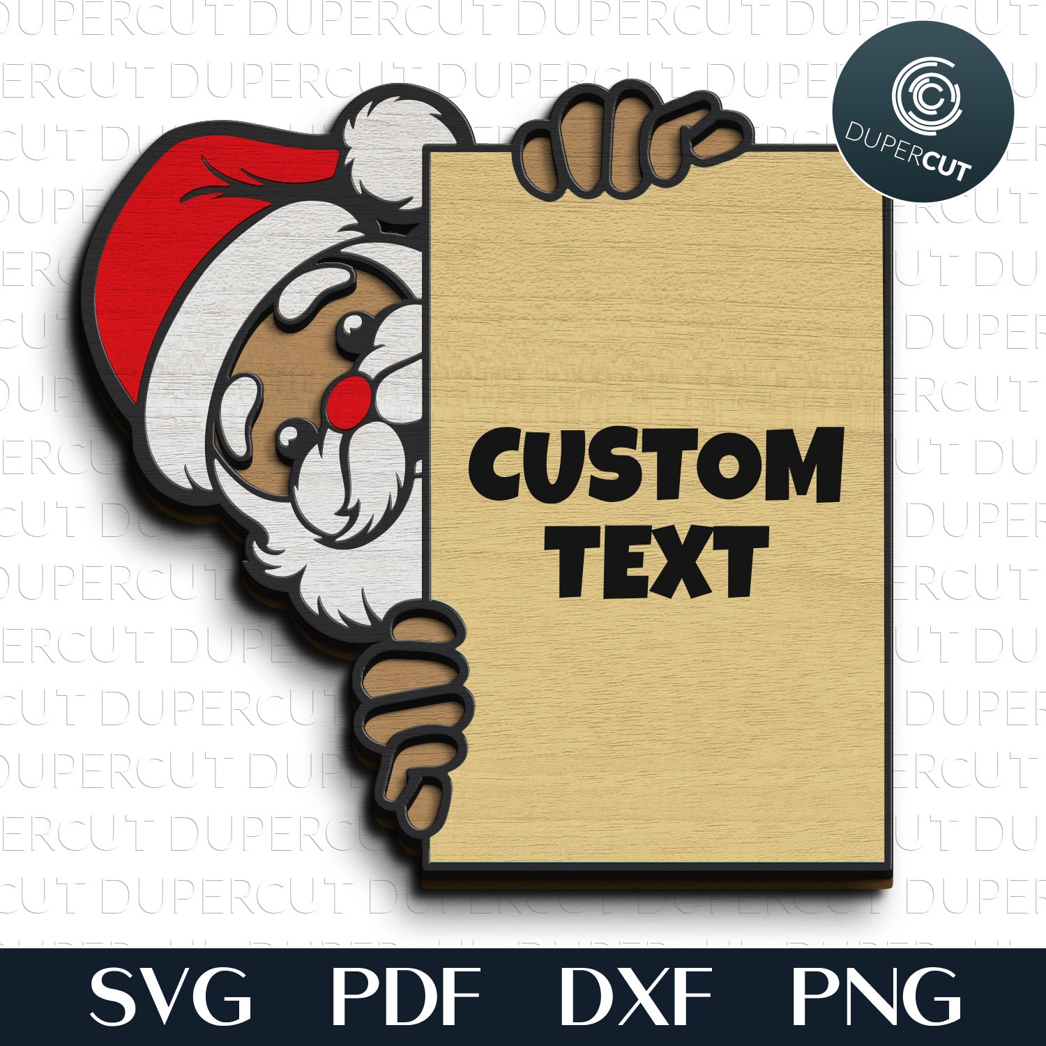 Peeking Santa sign, add custom text, personalized Christmas decoration - SVG DXF vector layered files for Glowforge, Cricut, X-tool, CNC laser machines by www.DuperCut.com