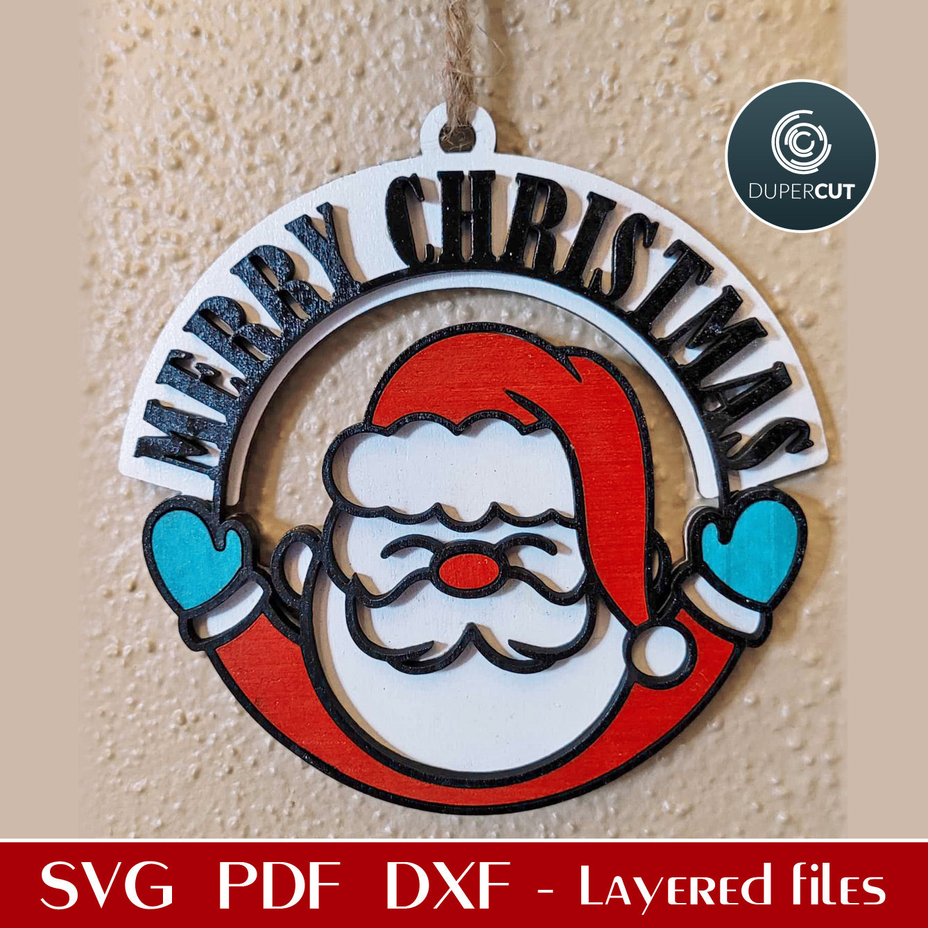 Merry Christmas Santa ornament template - SVG DXF layered vector cutting files for Glowforge, Cricut, Silhouette, CNC plasma by DuperCut