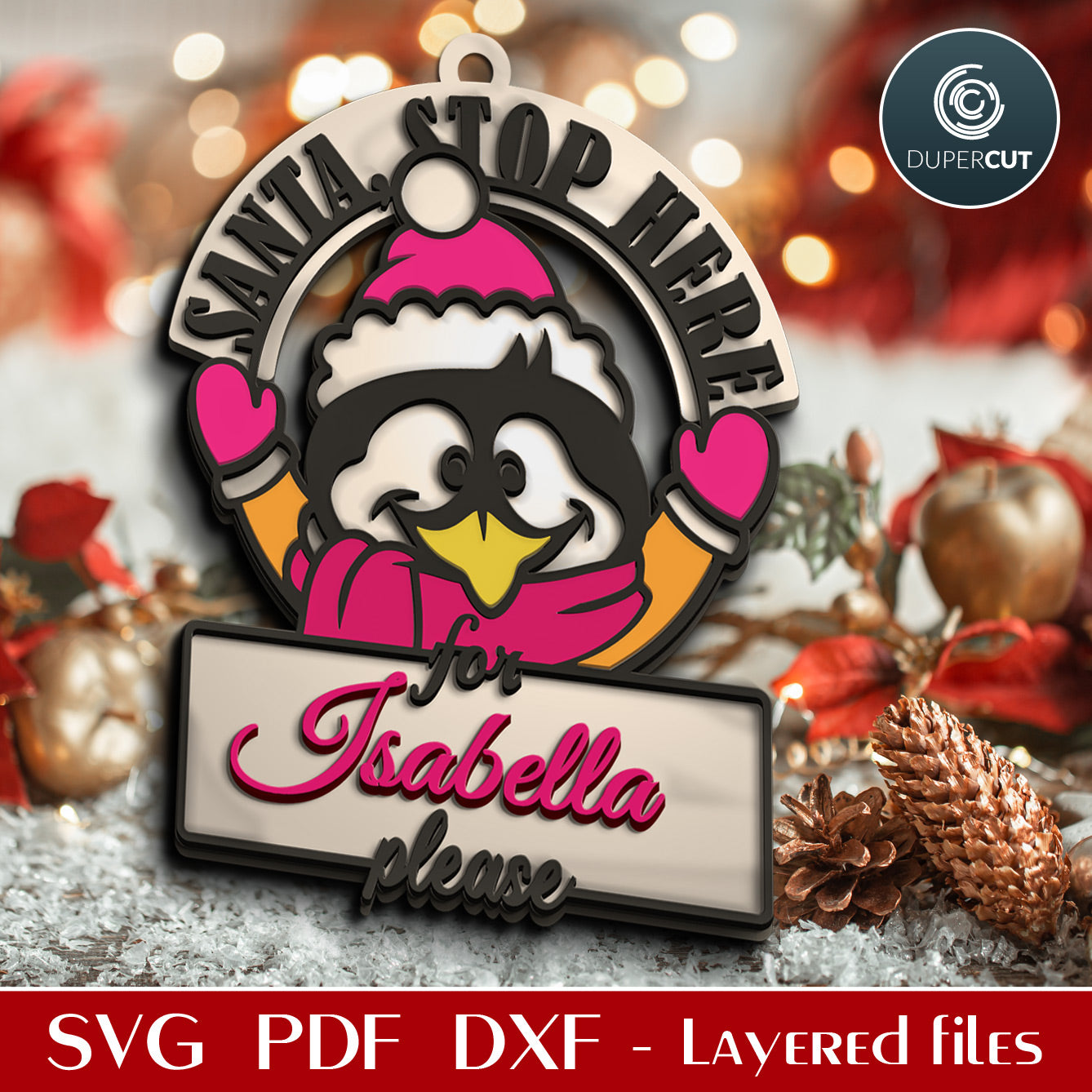 Santa please stop here for - Christmas door hanger SVG, DXF layered cutting files for laser machines, Glowforge, Cricut, Silhouette, CNC plasma by DuperCut