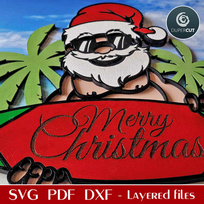 Santa Clause on a beach with surfing board sign  - SVG DXF layered cutting files for laser Glowforge, X-tool, Cricut, CNC plasma machines, scroll saw pattern by www.DuperCut.com