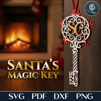 Santa's Magic Key with moving gears inside, interactive laser cut Christmas decor files for Glowforge, Xtool, CNC plasma machines by www.DuperCut.com