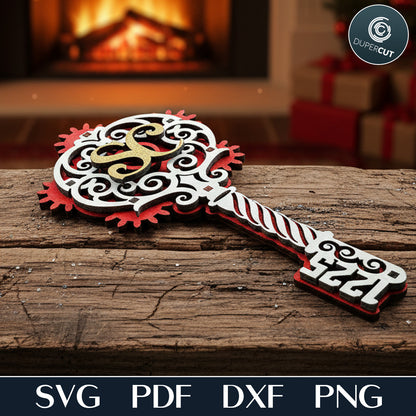 Santa's Magic Key with moving gears inside, interactive laser cut kids fun gift files for Glowforge, Xtool, CNC plasma machines by www.DuperCut.com