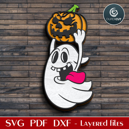 Funny ghost carrying a pumpkin SVG DXF vector layered Halloween decoration for laser cutting with Glowforge, Xtool, Cricut, CNC plasma machines, scroll saw pattern by www.dupercut.com