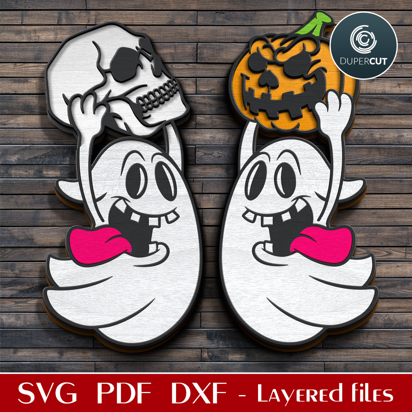 Funny flying ghosts SVG DXF vector layered Halloween decoration for laser cutting with Glowforge, Xtool, Cricut, CNC plasma machines, scroll saw pattern by www.dupercut.com