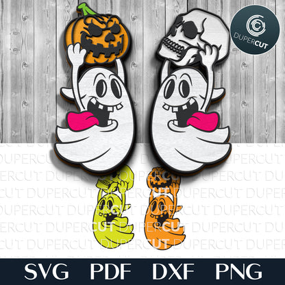 Funny flying ghosts SVG DXF vector layered Halloween decoration for laser cutting with Glowforge, Xtool, Cricut, CNC plasma machines, scroll saw pattern by www.dupercut.com