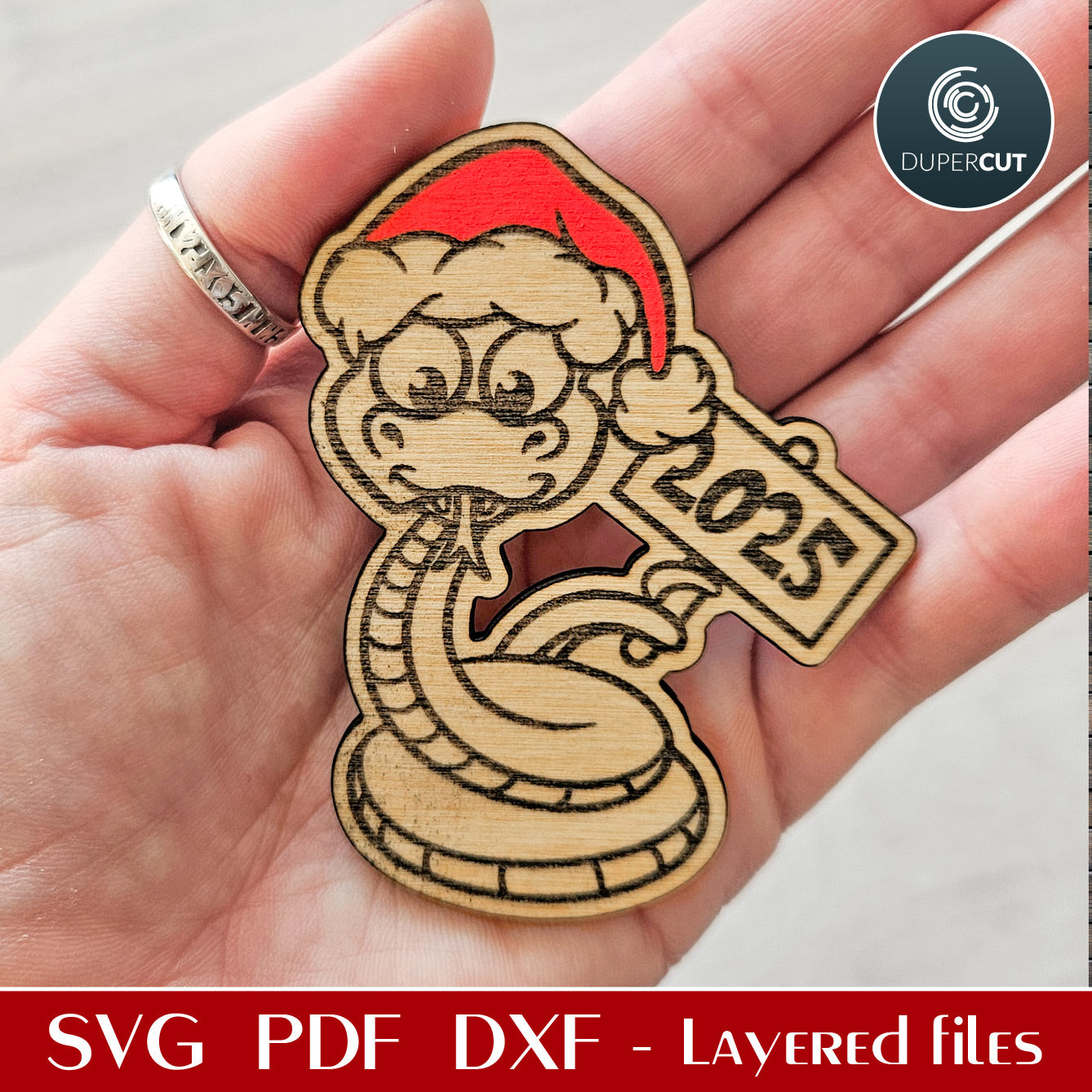 Cute Snake 2025 symbol in Santa hat fridge magnet SVG DXF vector files for laser cutting machines Glowforge, Xtool, Cricut, CNC plasma pattern by www.dupercut.com