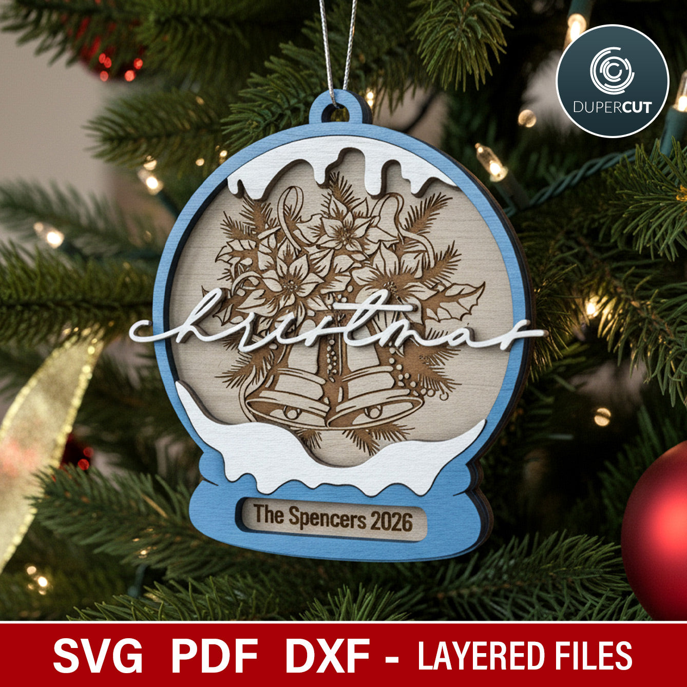 Wooden DIY Snow globe Christmas ornaments layered laser cut files, SVG template for laser cutting machines Glowfoge, Xtool, Cricut CNC plasma machines by www.DuperCut.com