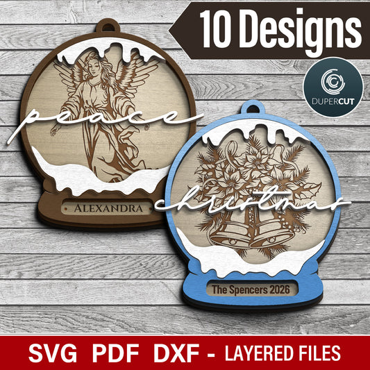 Snow globe Christmas ornaments layered laser cut files, SVG template for laser cutting machines Glowfoge, Xtool, Cricut CNC plasma machines by www.DuperCut.com