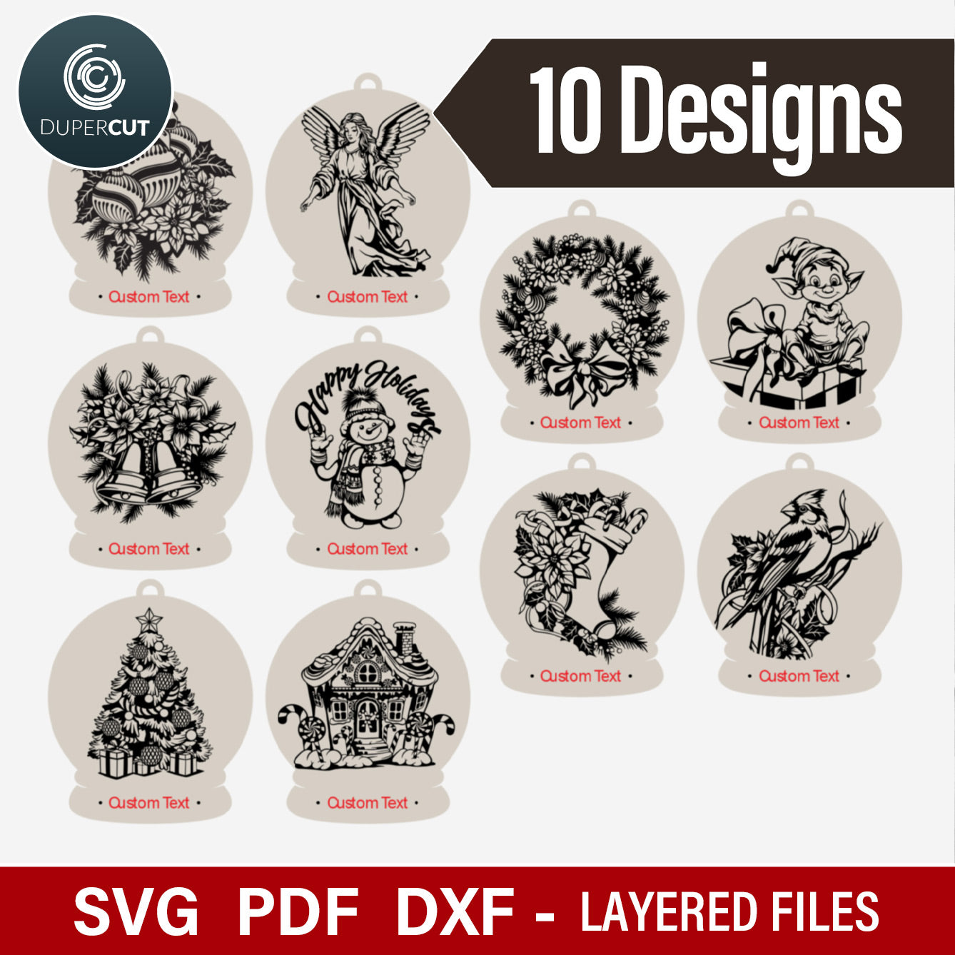 Cut and engrave designs. Snow globe Christmas ornaments layered laser cut files, SVG template for laser cutting machines Glowfoge, Xtool, Cricut CNC plasma machines by www.DuperCut.com