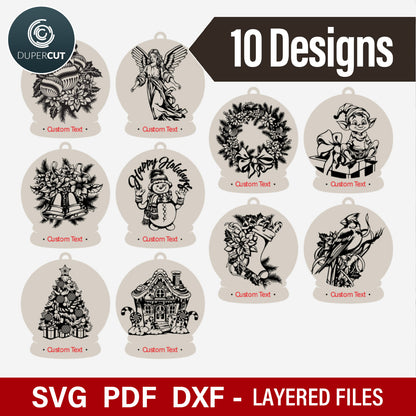 Cut and engrave designs. Snow globe Christmas ornaments layered laser cut files, SVG template for laser cutting machines Glowfoge, Xtool, Cricut CNC plasma machines by www.DuperCut.com