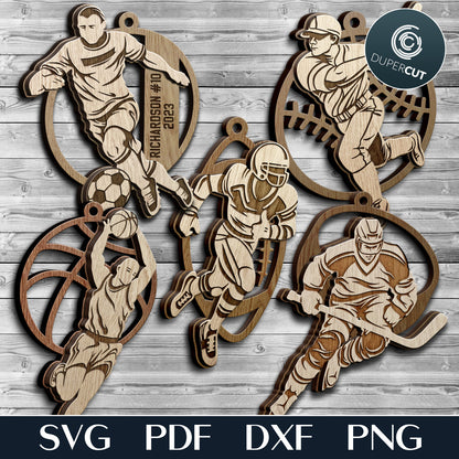 Sports ornaments layered cut files template, Christmas tree decoration SVG files for Glowforge, Xtool, CNC laser machines, Cricut, by www.DuperCut.com