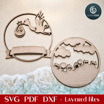 Stork with new baby personalized sign - SVG DXF layered files for Glowforge, Cricut, Silhouette, CNC plasma machines, laser cutting by www.DuperCut.com