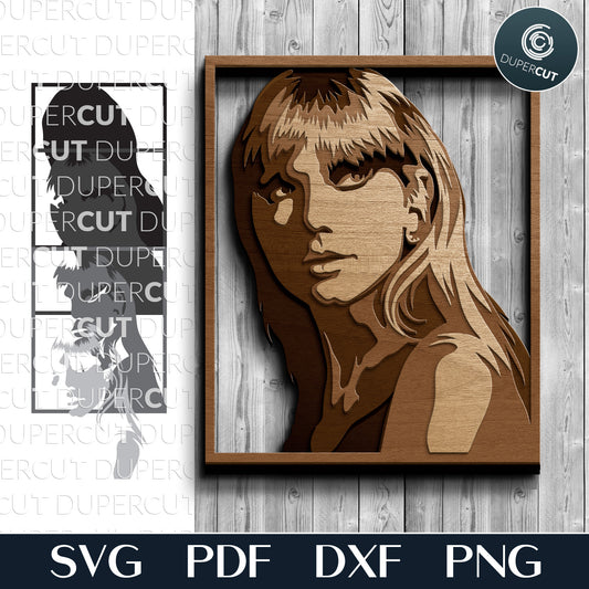 Taylor Swift portrait layered cut file, SVG DXF vector template for laser cutting machines Glowforge, Xtool, Cricut, Silhouette, scroll saw pattern, CNC plasma design by www.DuperCut.com