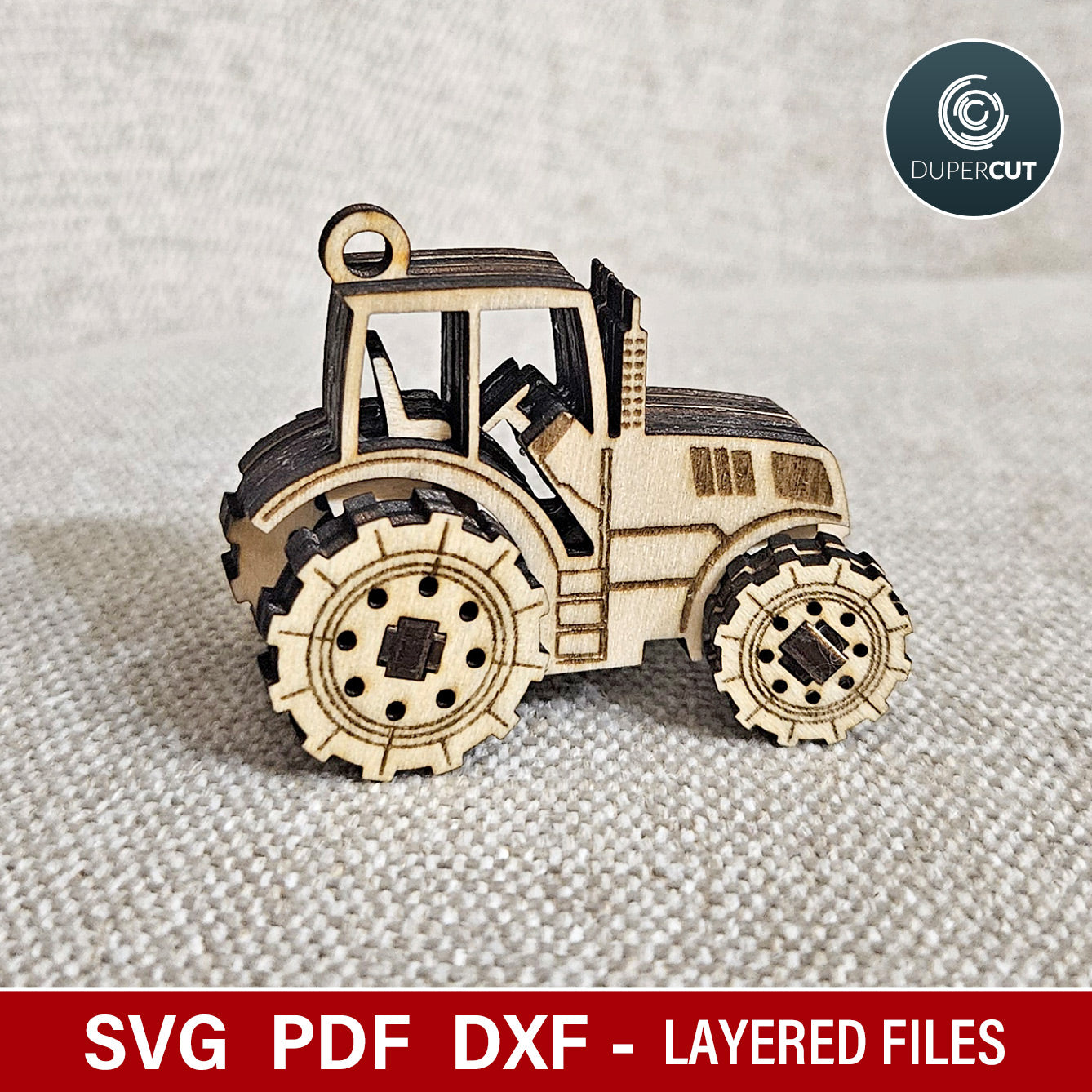 Mini Tractor fidget toy with moving wheels. Laser cut file for Glowforge, Xtool by www.dupercut.com