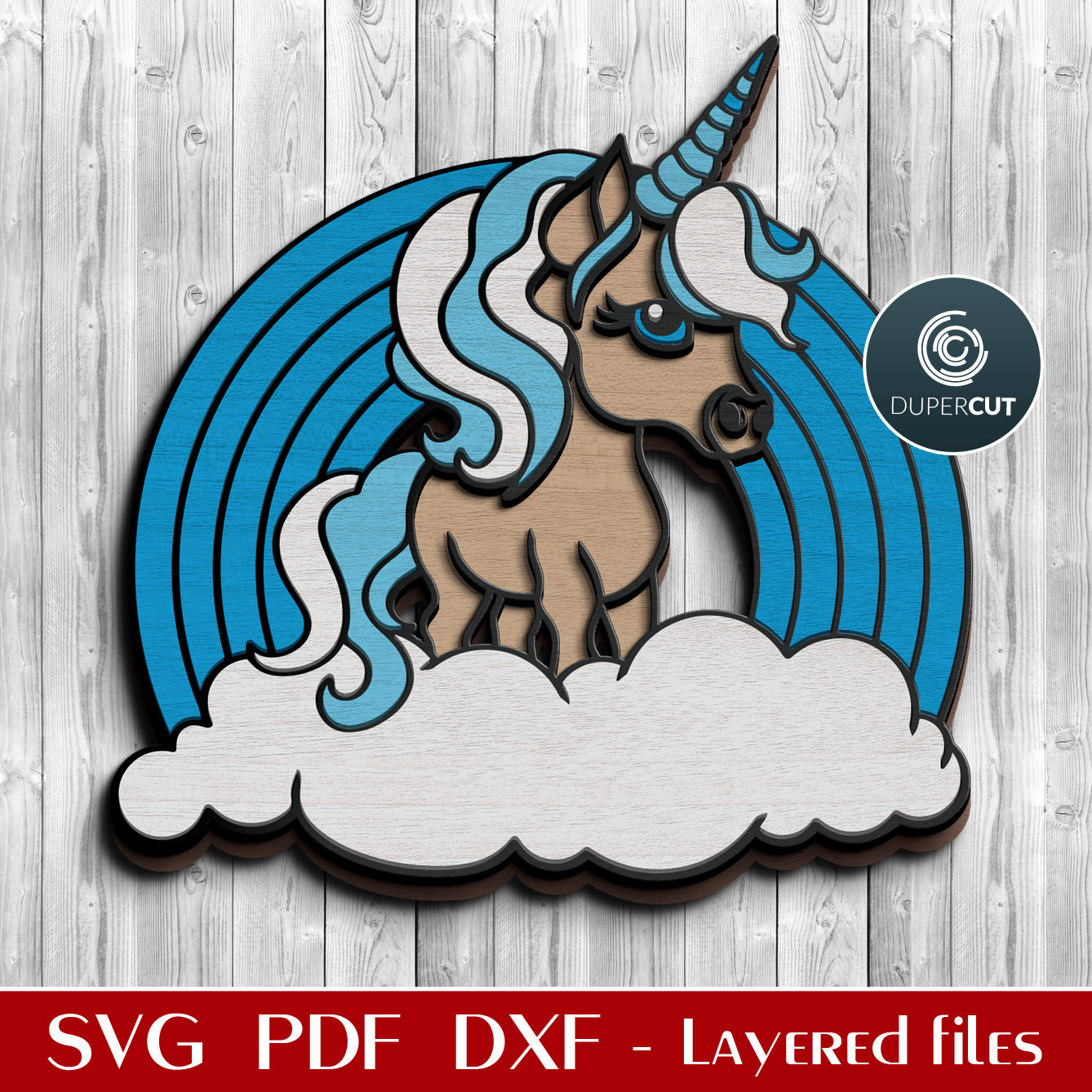 Cute unicorn with rainbow, personalized sign - SVG DXF vector laser cutting files for Glowforge, Cricut, Silhouette, CNC plasma machines by www.DuperCut.com