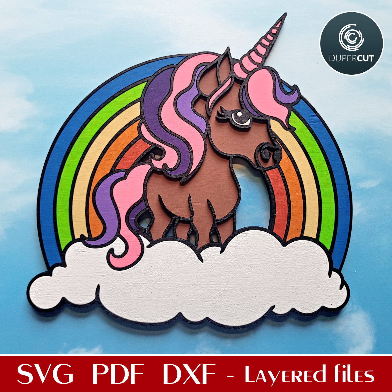 Unicorn with rainbow and clouds personalized kids room sign  - SVG DXF vector laser cutting files for Glowforge, Cricut, Silhouette, CNC plasma machines by www.DuperCut.com