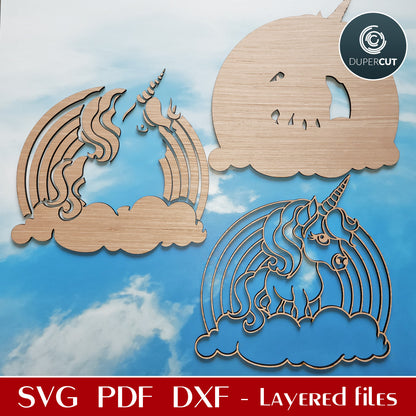 Unicorn with rainbow and clouds kids room sign  - SVG DXF vector laser cutting files for Glowforge, Cricut, Silhouette, CNC plasma machines by www.DuperCut.com