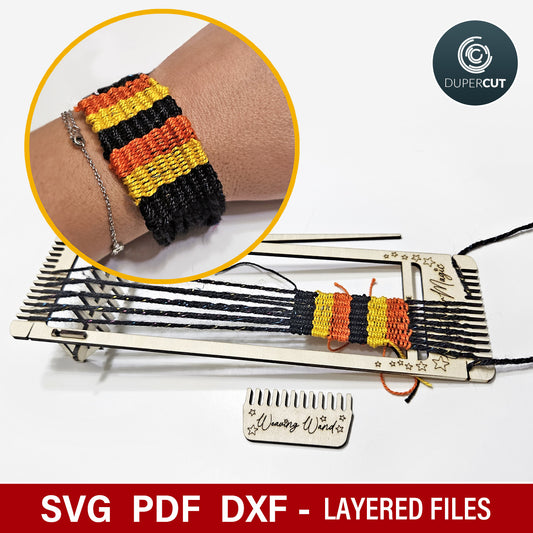 Bracelet/bookmark weaving loom tool. SVG vector file for laser cutting machines Glowforge, Xtool by www.DuperCut.com