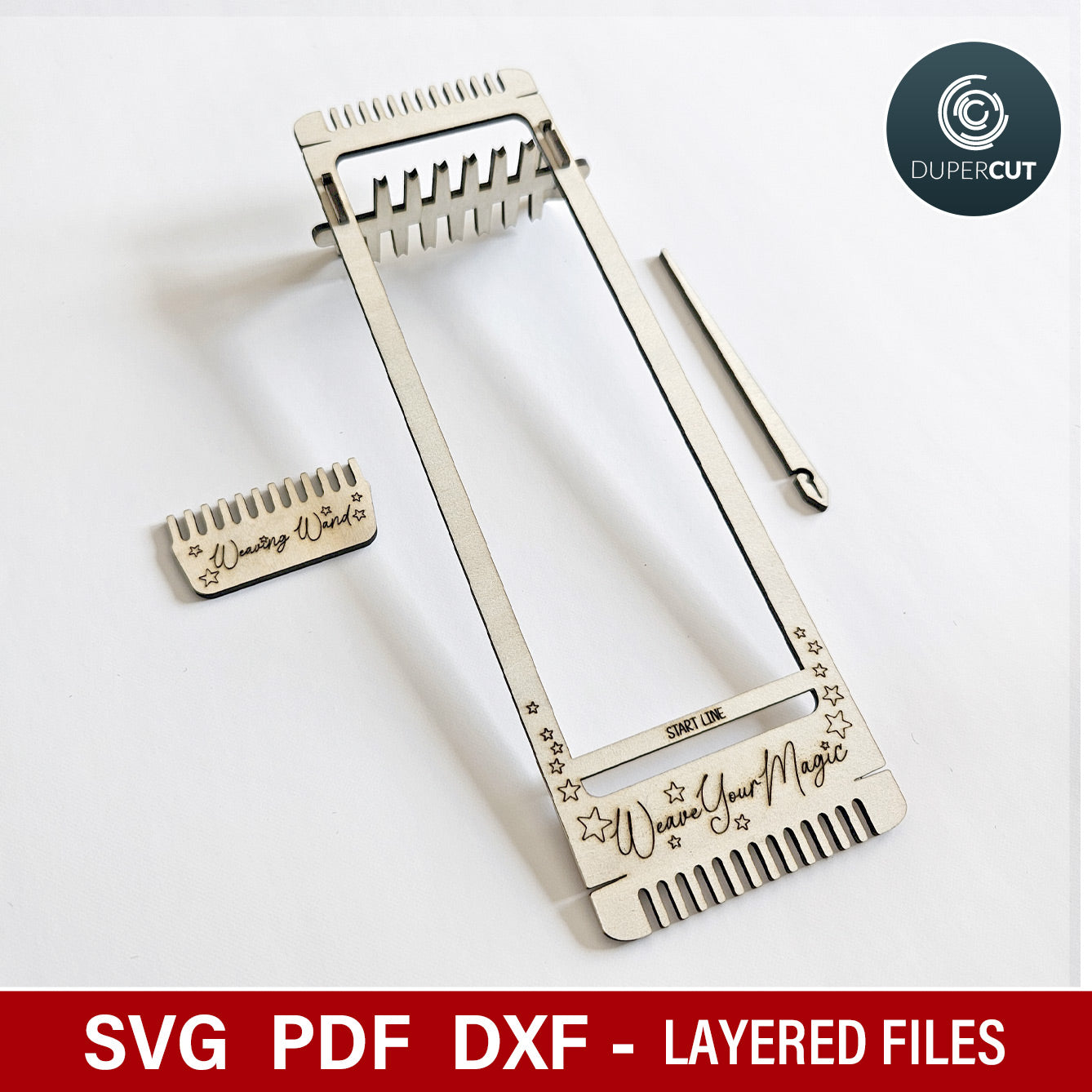 Bracelet/bookmark weaving loom tool. SVG vector file for laser cutting machines Glowforge, Xtool by www.DuperCut.com