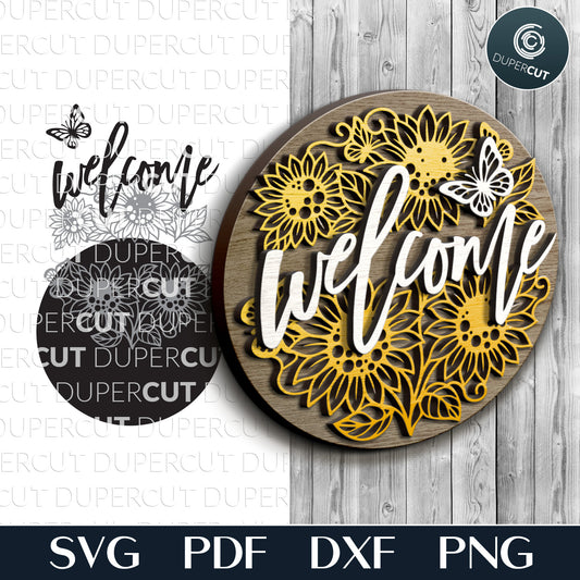 Sunflower welcome sign door hanger SVG DXF PDF vector template file for Glowforge, Xtool, Cricut, CNC plasma machines, scroll saw pattern by www.dupercut.com