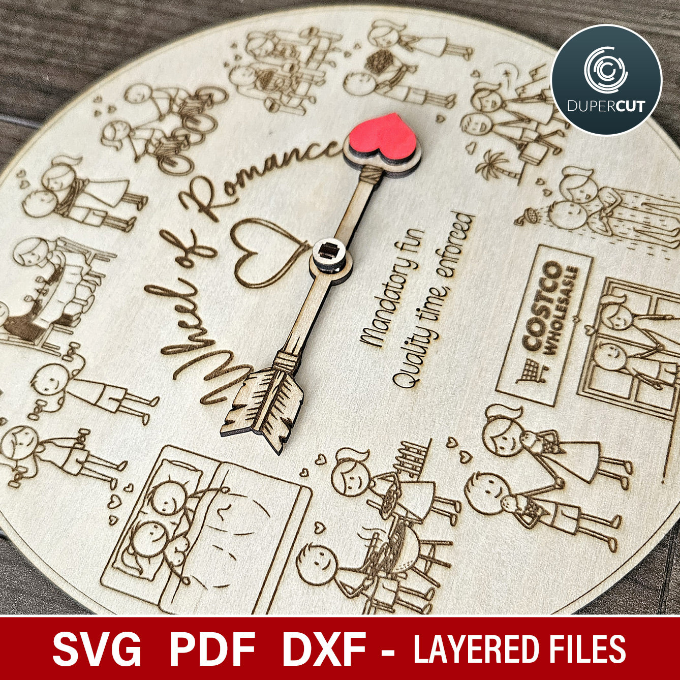 Valentines Day date night couples spinning love game, laser cut SVG files for Glowforge machines, Xtool, Falcon by www.dupercut.com