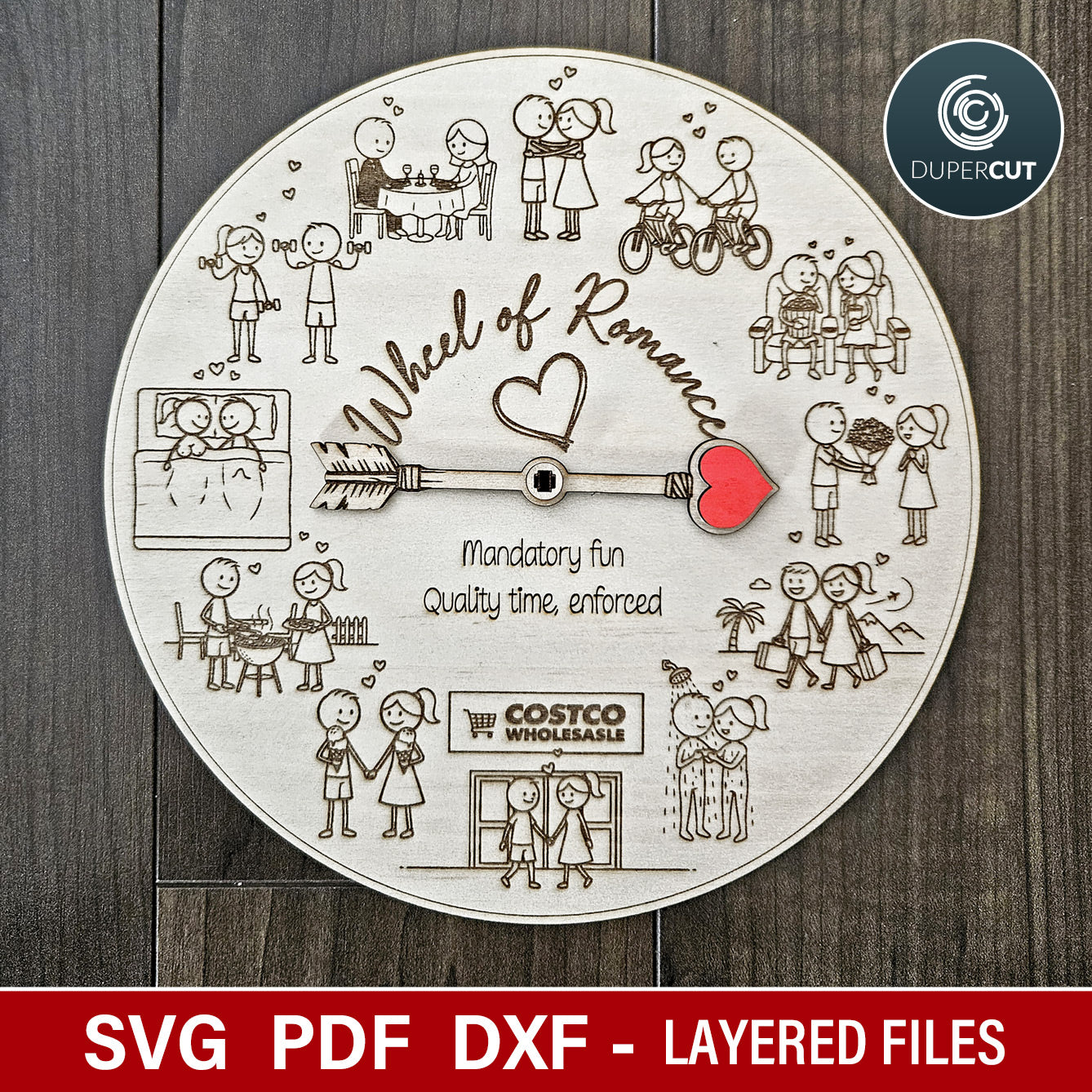 Valentines Day date night couples spinner game, laser cut SVG files for Glowforge machines, Xtool, Falcon by www.dupercut.com