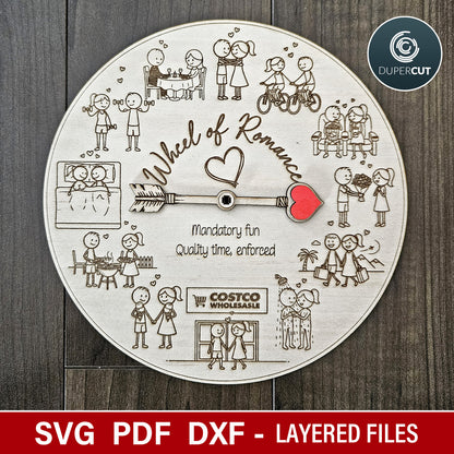 Valentines Day date night couples spinner game, laser cut SVG files for Glowforge machines, Xtool, Falcon by www.dupercut.com