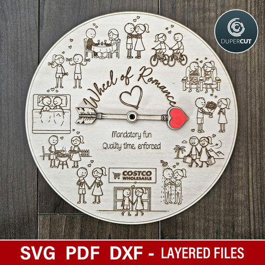 Valentines Day date night couples spinner game, laser cut SVG files for Glowforge machines, Xtool, Falcon by www.dupercut.com