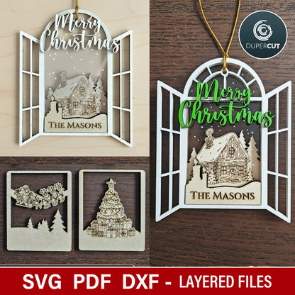 Winter scene window ornaments, SVG file vector template for laser cutting Glowforge, Xtool, Cricut, CNC plasma machines by www.DuperCut.com