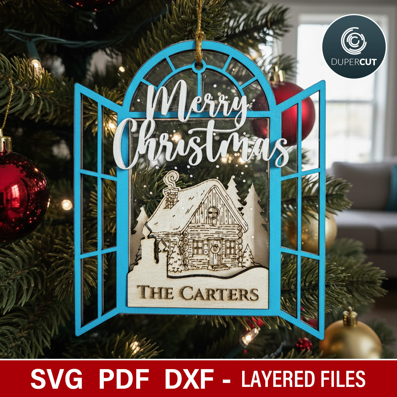 Open window Christmas ornaments, SVG file vector template for laser cutting Glowforge, Xtool, Cricut, CNC plasma machines by www.DuperCut.com
