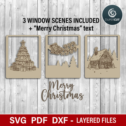 Winter scene window ornaments, SVG file vector template for laser cutting Glowforge, Xtool, Cricut, CNC plasma machines by www.DuperCut.com