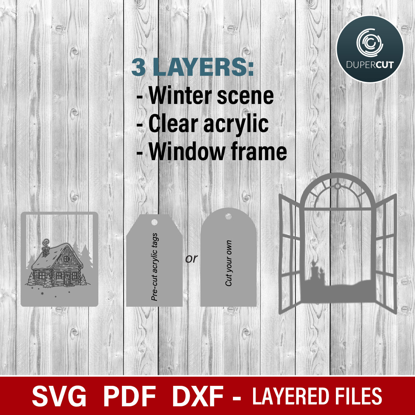 Winter scene window ornaments, SVG file vector template for laser cutting Glowforge, Xtool, Cricut, CNC plasma machines by www.DuperCut.com