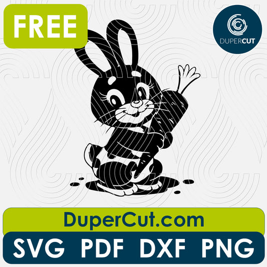 Cute bunny with carrot easter - free SVG PNG DXF vector files for laser and blade cutting machines. Glowforge, Cricut, Silhouette cameo templates by www.DuperCut.com