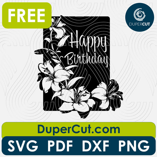 Birthday card - free SVG PNG DXF vector files for laser and blade cutting machines. Glowforge, Cricut, Silhouette cameo templates by www.DuperCut.com