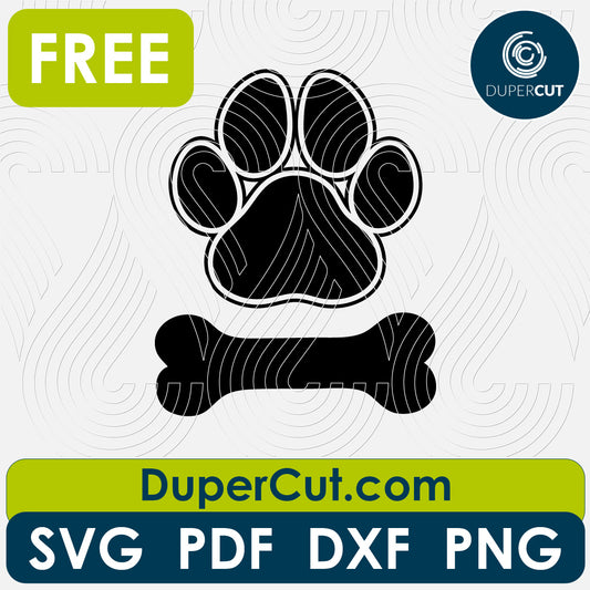 Dog's paw with bone - free SVG PNG DXF vector files for laser and blade cutting machines. Glowforge, Cricut, Silhouette cameo templates by www.DuperCut.com