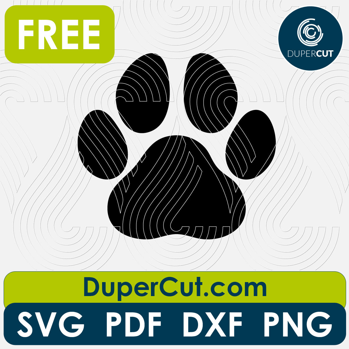Paw print silhouette - free SVG PNG DXF vector files for laser and blade cutting machines. Glowforge, Cricut, Silhouette cameo templates by DuperCut.com