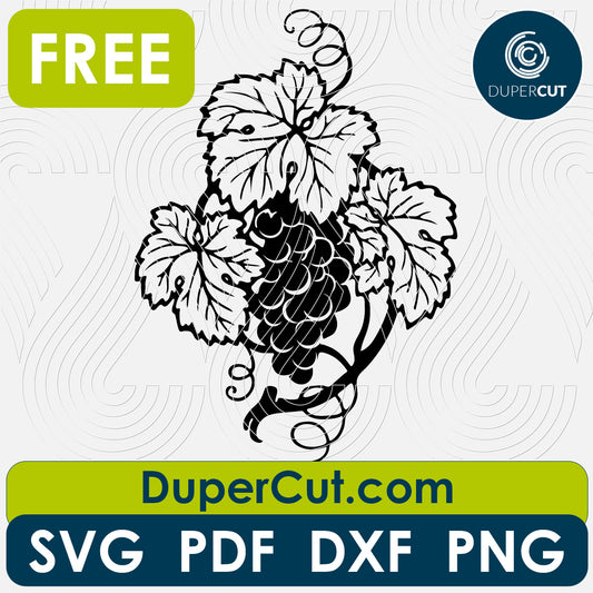 Grapes - free SVG PNG DXF vector files for laser and blade cutting machines. Glowforge, Cricut, Silhouette cameo templates by www.DuperCut.com