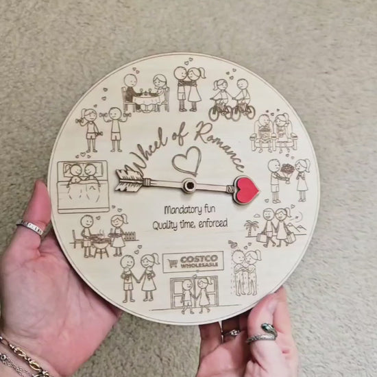 Valentines Day date night couples spinner game, laser cut SVG files for Glowforge machines, Xtool, Falcon by www.dupercut.com